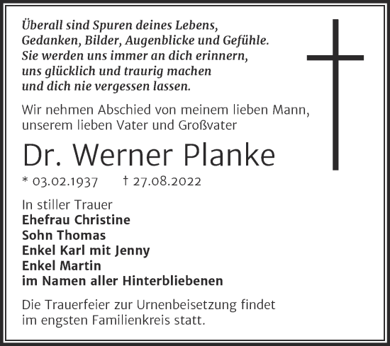 Traueranzeige von Werner Planke von Trauerkombi Merseburg