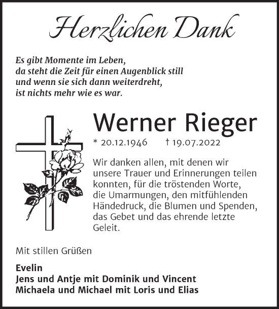 Traueranzeige von Werner Rieger von Trauerkombi Wittenberg