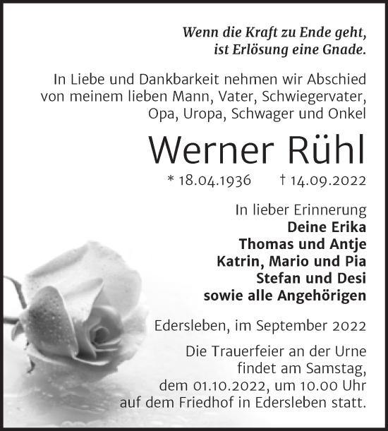 Traueranzeige von Werner Rühl von Trauerkombi Sangerhausen