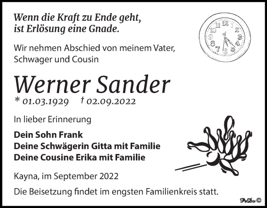 Traueranzeige von Werner Sander von Trauerkombi Zeitz