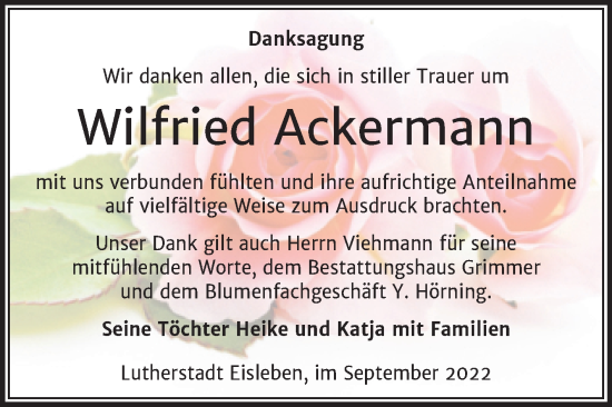 Traueranzeige von Wilfried Ackermann von Trauerkombi Mansfelder Land