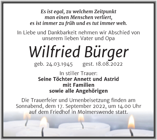 Traueranzeige von Wilfried Bürger von Trauerkombi Mansfelder Land