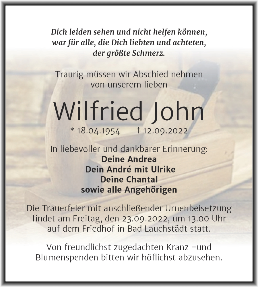  Traueranzeige für Wilfried John vom 17.09.2022 aus Trauerkombi Merseburg