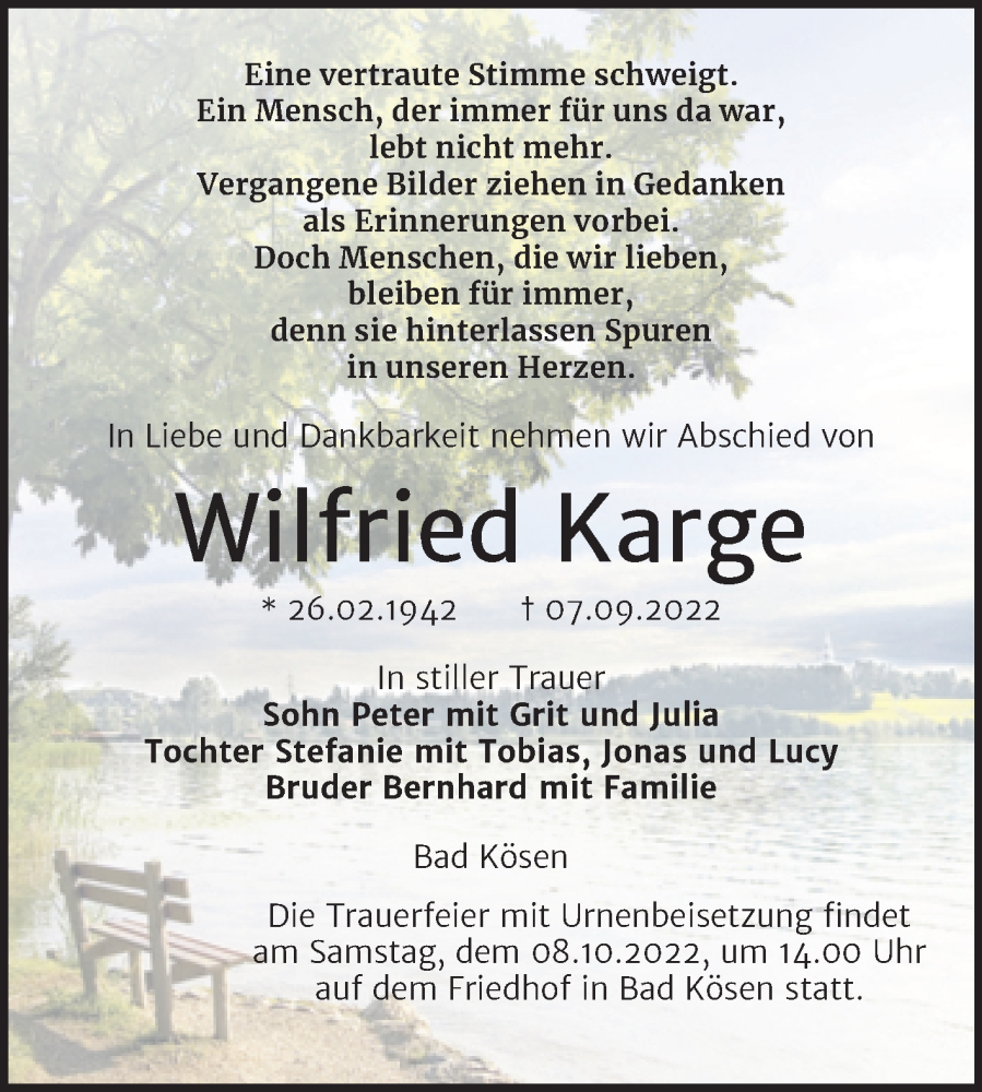  Traueranzeige für Wilfried Karge vom 14.09.2022 aus Wochenspiegel Naumburg/Nebra