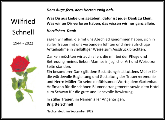 Traueranzeige von Wilfried Schnell von Trauerkombi Aschersleben