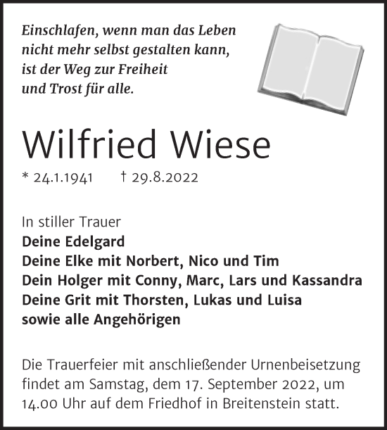 Traueranzeige von Wilfried Wiese von Trauerkombi Sangerhausen