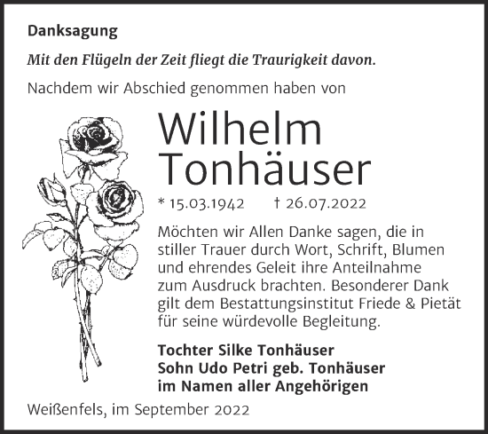 Traueranzeige von Wilhelm Tonhäuser von Trauerkombi Weißenfels