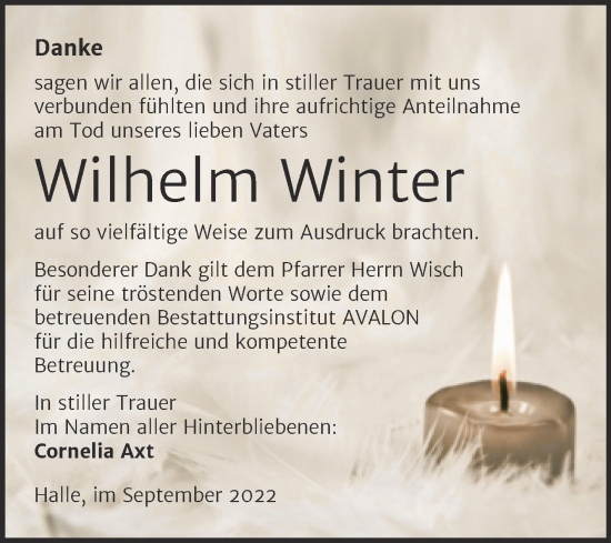 Traueranzeige von Wilhelm Winter von Mitteldeutsche Zeitung Halle/Saalkreis