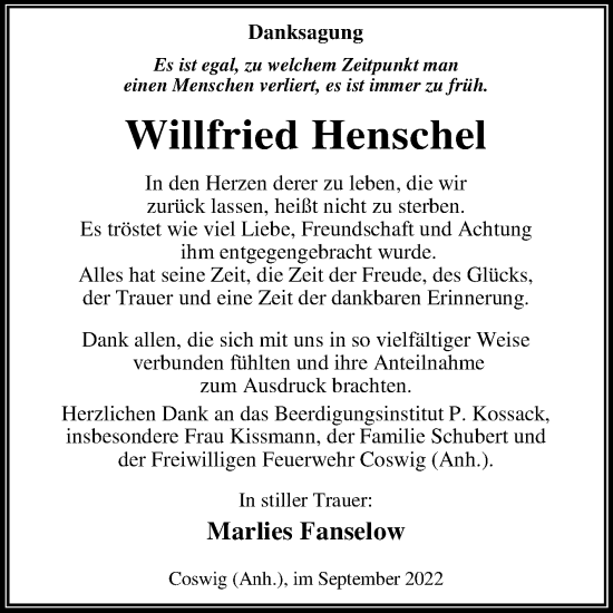 Traueranzeige von Willfried Henschel von Trauerkombi Wittenberg