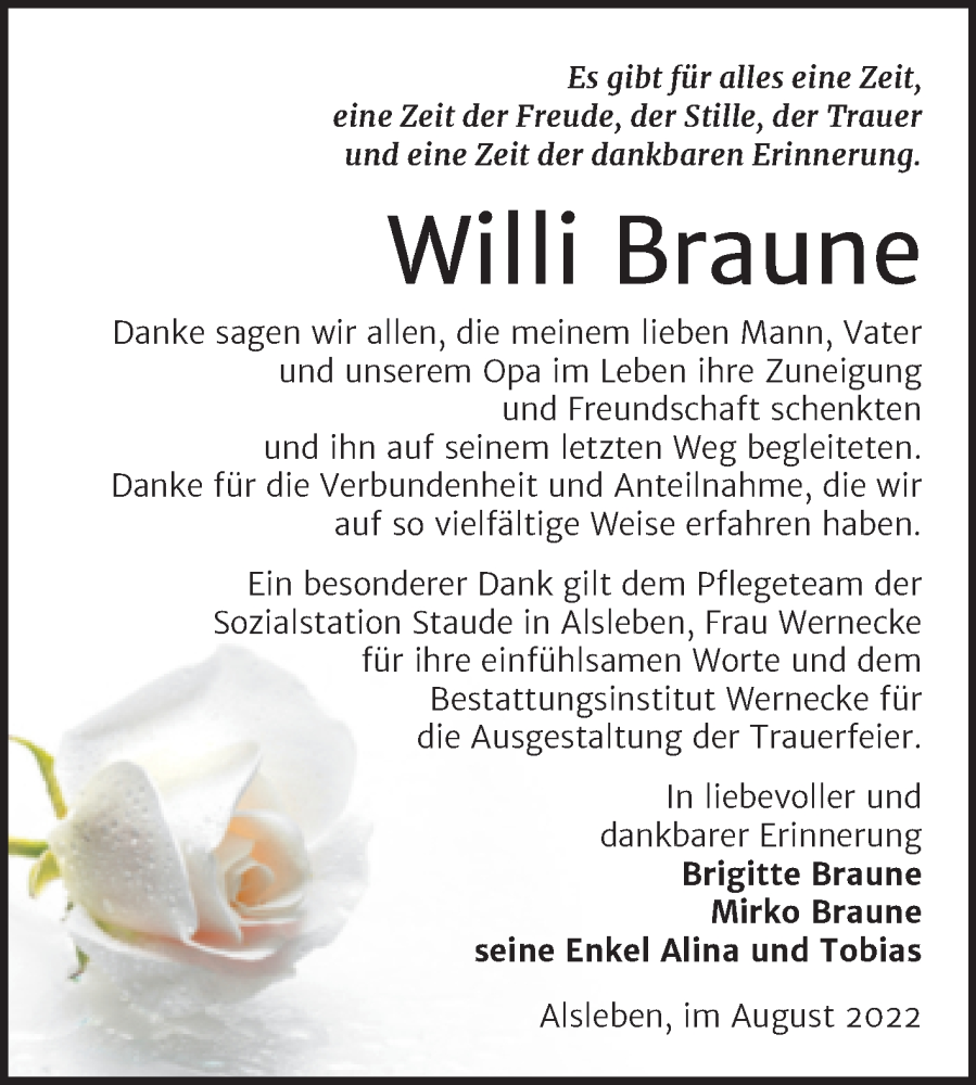  Traueranzeige für Willi Braune vom 02.09.2022 aus Trauerkombi Bernburg
