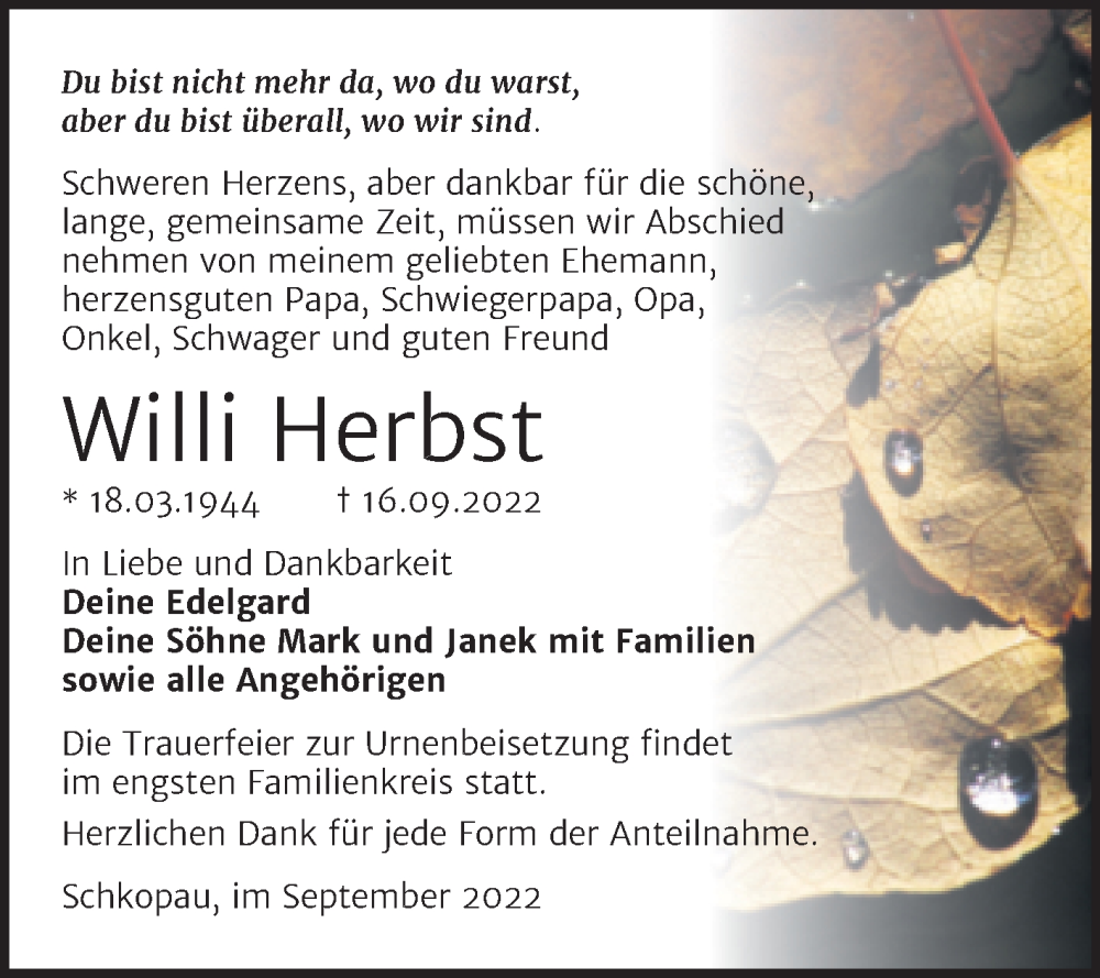  Traueranzeige für Willi Herbst vom 24.09.2022 aus Trauerkombi Merseburg