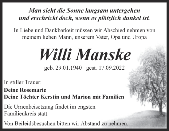 Traueranzeige von Willi Manske von Trauerkombi Quedlinburg