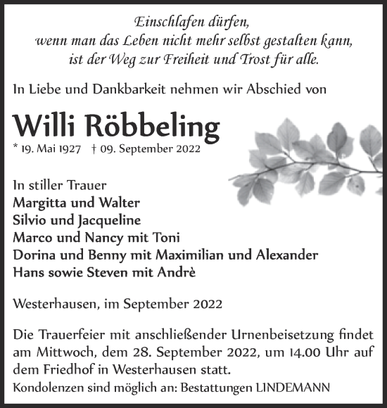 Traueranzeige von Willi Röbbeling von Trauerkombi Quedlinburg