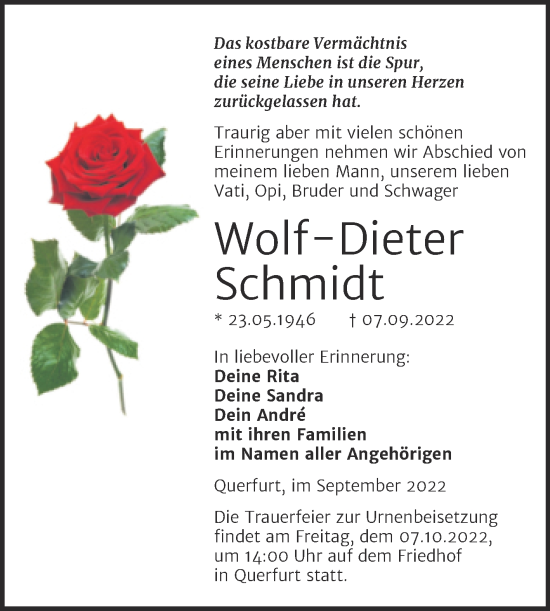 Traueranzeige von Wolf-Dieter Schmidt von Trauerkombi Merseburg