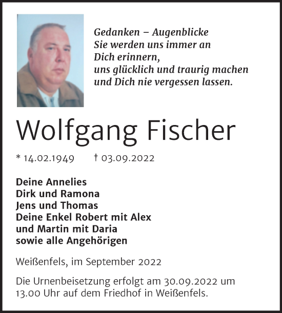 Traueranzeige von Wolfgang Fischer von Trauerkombi Weißenfels