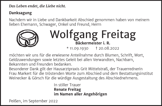 Traueranzeige von Wolfgang Freitag von Trauerkombi Bernburg
