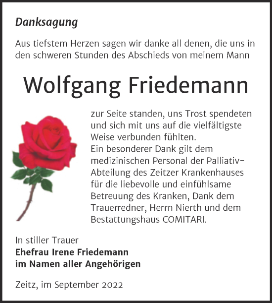 Traueranzeige von Wolfgang Friedemann von Trauerkombi Zeitz