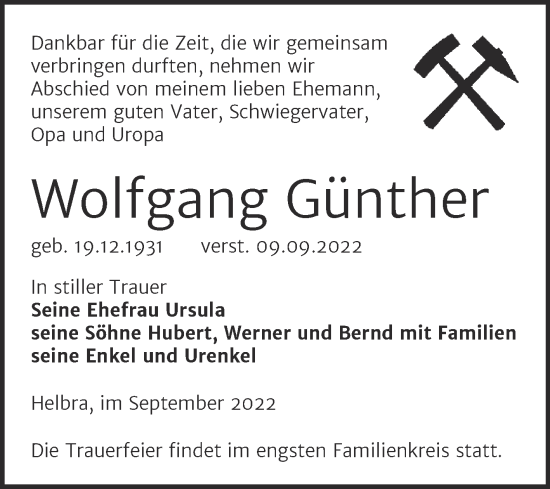 Traueranzeige von Wolfgang Günther von Trauerkombi Mansfelder Land