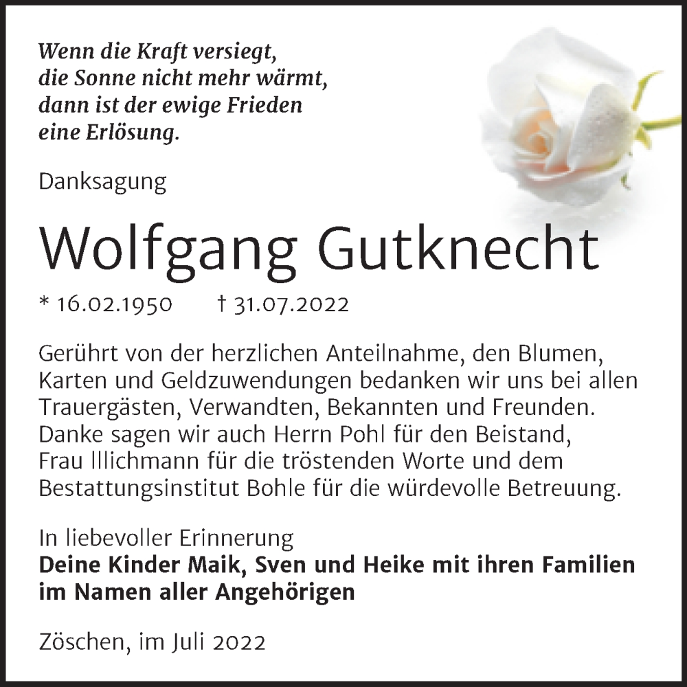  Traueranzeige für Wolfgang Gutknecht vom 03.09.2022 aus Trauerkombi Merseburg
