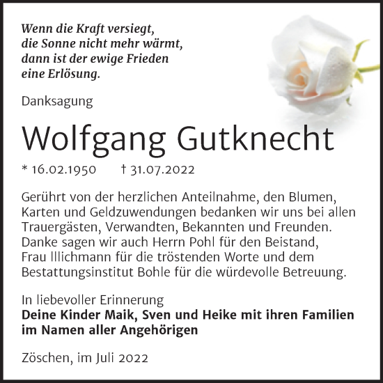 Traueranzeige von Wolfgang Gutknecht von Trauerkombi Merseburg