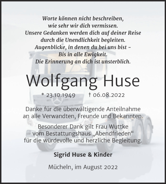 Traueranzeige von Wolfgang Huse von Trauerkombi Merseburg