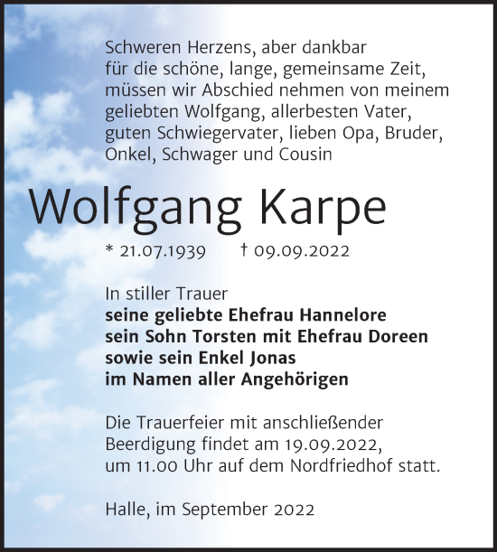 Traueranzeige von Wolfgang Karpe von Mitteldeutsche Zeitung Halle/Saalkreis
