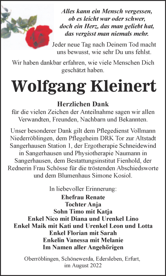 Traueranzeige von Wolfgang Kleinert von Trauerkombi Sangerhausen