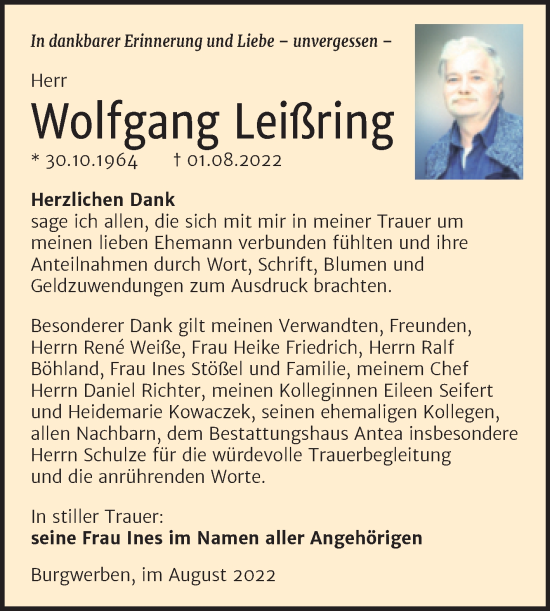Traueranzeige von Wolfgang Leißring von Trauerkombi Weißenfels