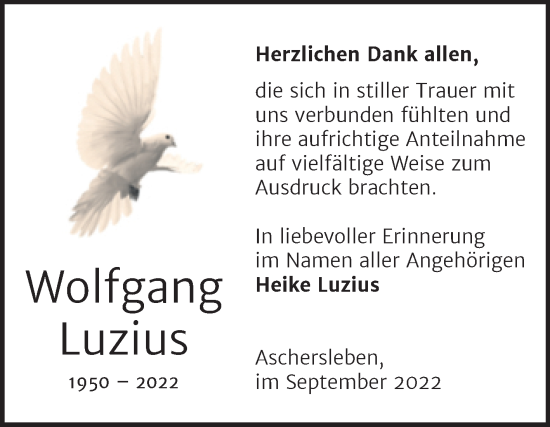 Traueranzeige von Wolfgang Luzius von Trauerkombi Aschersleben