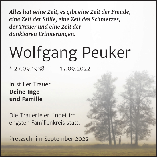 Traueranzeige von Wolfgang Peuker von Trauerkombi Wittenberg