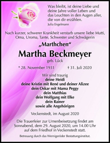 Traueranzeige von ,,Marthchen