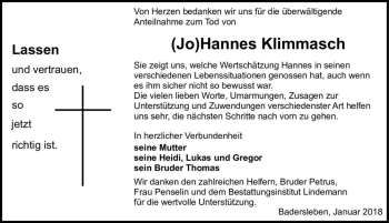Traueranzeige von (Jo)Hannes Klimmasch  von Magdeburger Volksstimme