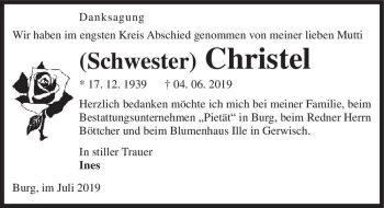 Traueranzeige von (Schwester) Christel  von Magdeburger Volksstimme
