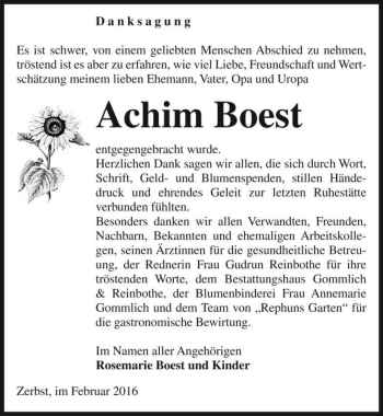 Traueranzeige von Achim Boest  von Magdeburger Volksstimme