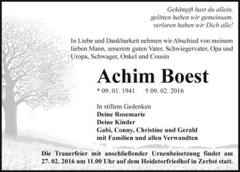 Traueranzeige von Achim Boest  von Magdeburger Volksstimme