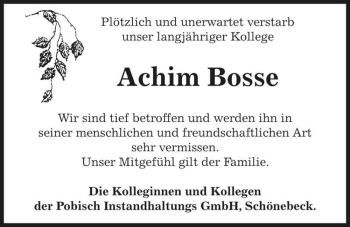 Traueranzeige von Achim Bosse  von Magdeburger Volksstimme