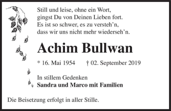 Traueranzeige von Achim Bullwan  von Magdeburger Volksstimme