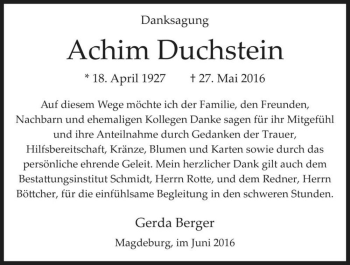 Traueranzeige von Achim Duchstein  von Magdeburger Volksstimme