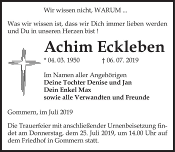 Traueranzeige von Achim Eckleben  von Magdeburger Volksstimme
