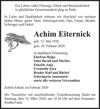 Traueranzeige von Achim Eiternick  von Magdeburger Volksstimme