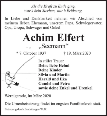 Traueranzeige von Achim Elfert  von Magdeburger Volksstimme