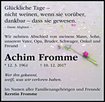 Traueranzeige von Achim Fromme  von Magdeburger Volksstimme