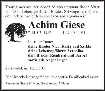 Traueranzeige von Achim Giese  von Magdeburger Volksstimme