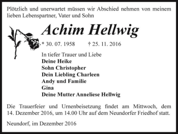 Traueranzeige von Achim Hellwig  von Magdeburger Volksstimme