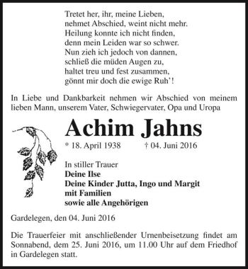 Traueranzeige von Achim Jahns  von Magdeburger Volksstimme