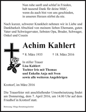 Traueranzeige von Achim Kahlert  von Magdeburger Volksstimme