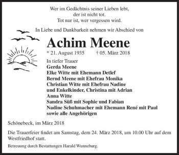Traueranzeige von Achim Meene  von Magdeburger Volksstimme