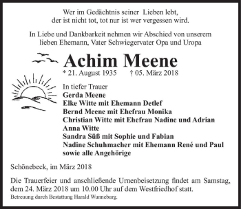 Traueranzeige von Achim Meene  von Magdeburger Volksstimme