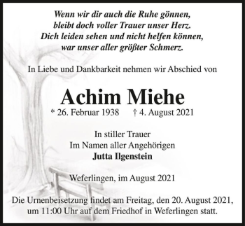 Traueranzeige von Achim Miehe  von Magdeburger Volksstimme