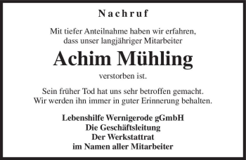 Traueranzeige von Achim Mühling  von Magdeburger Volksstimme